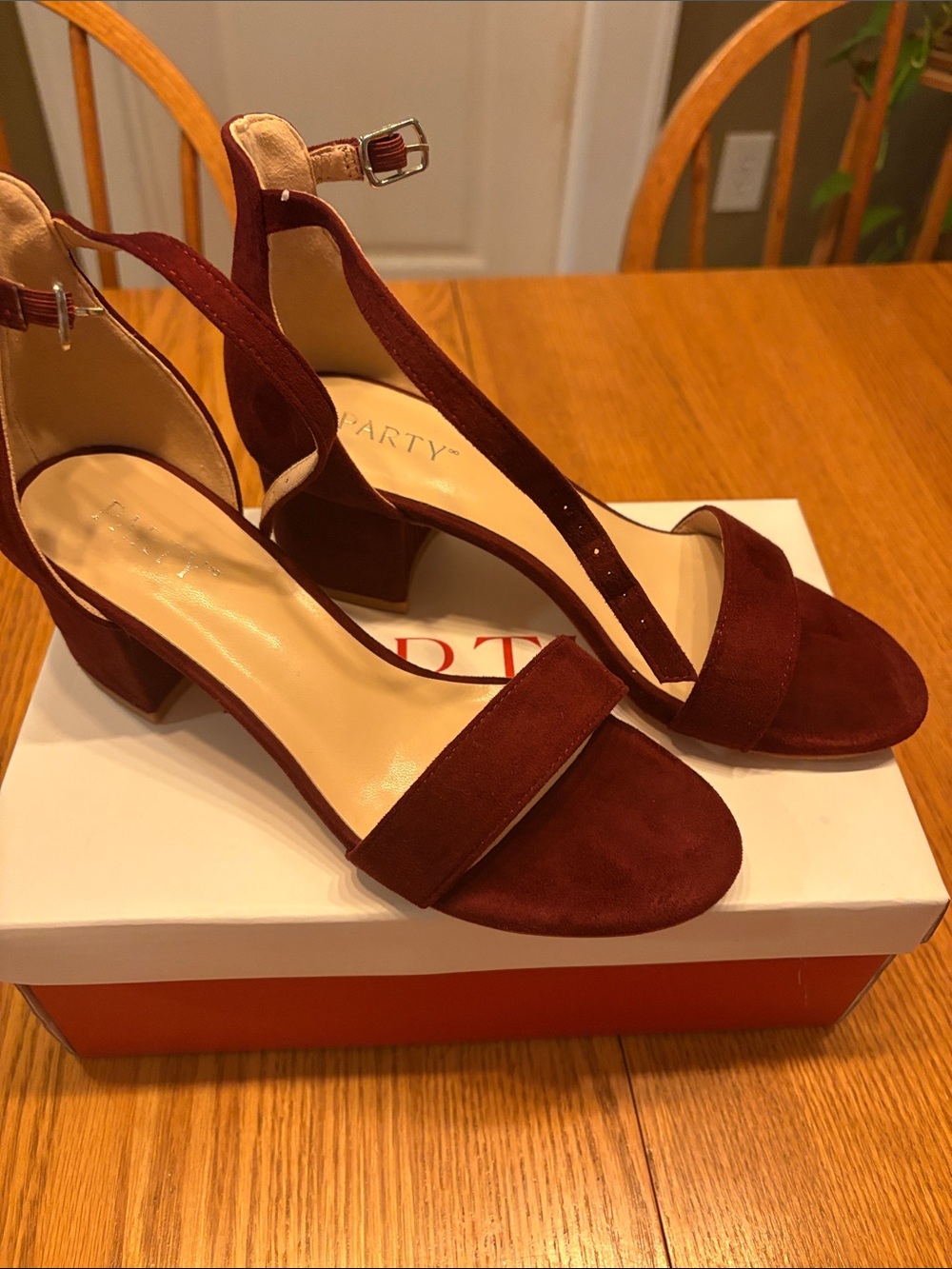 Women's Burgundy Suede Low Block Heel Sandals with Ankle Strap